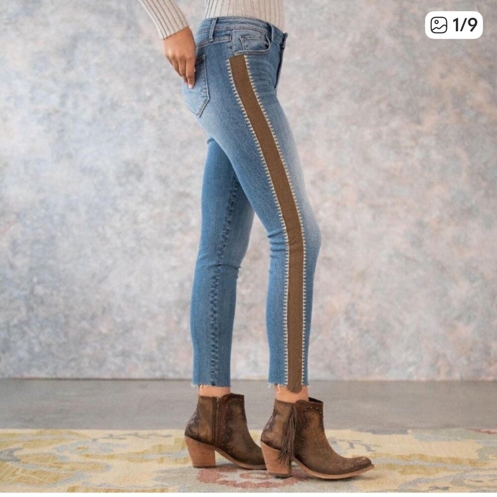 Driftwood Jeans Jackie High Rise Faux Leather Stripe Raw Hem Size 25